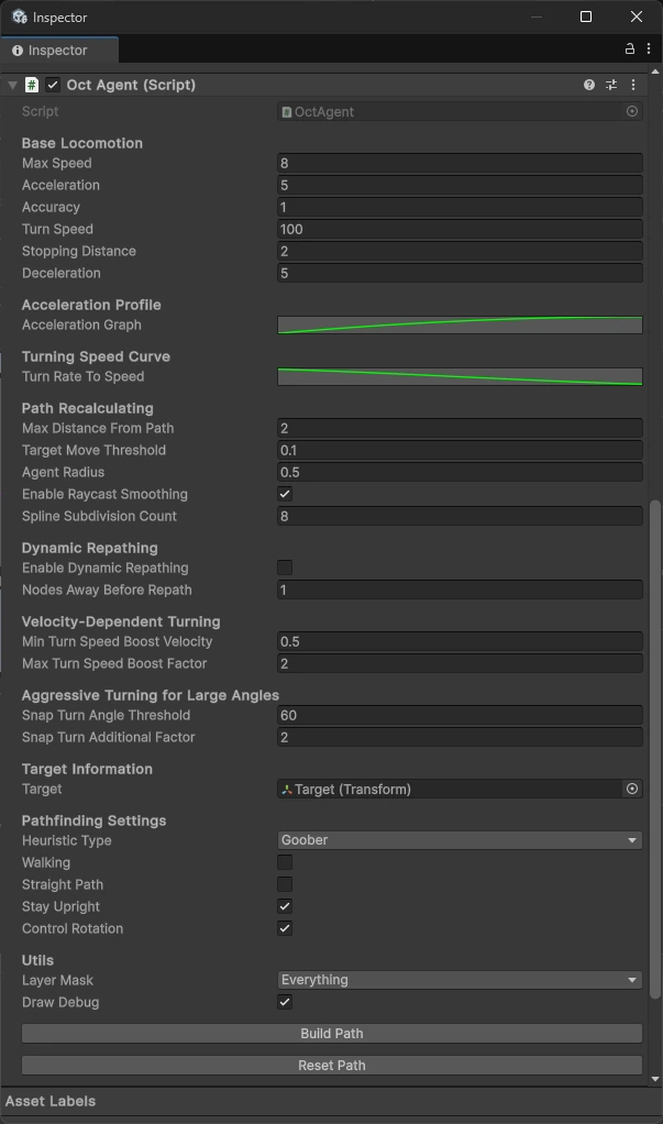 The OctAgent component inspector showing locomotion, path recalculation, dynamic repathing and heuristic settings