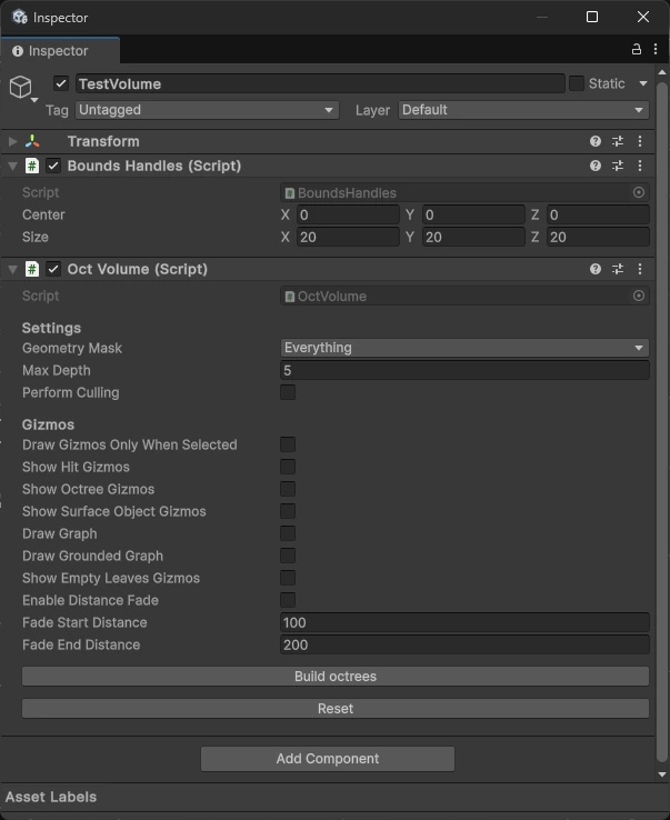 The OctVolume component inspector with geometry mask, max depth, culling and gizmo options