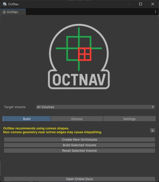 The OctNav editor window in Unity, Build tab, with the OctNav crosshair logo