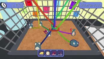 Tangle Tails gameplay: mice tethered by long coloured cables inside a caged lab pen, powerup slots along the bottom