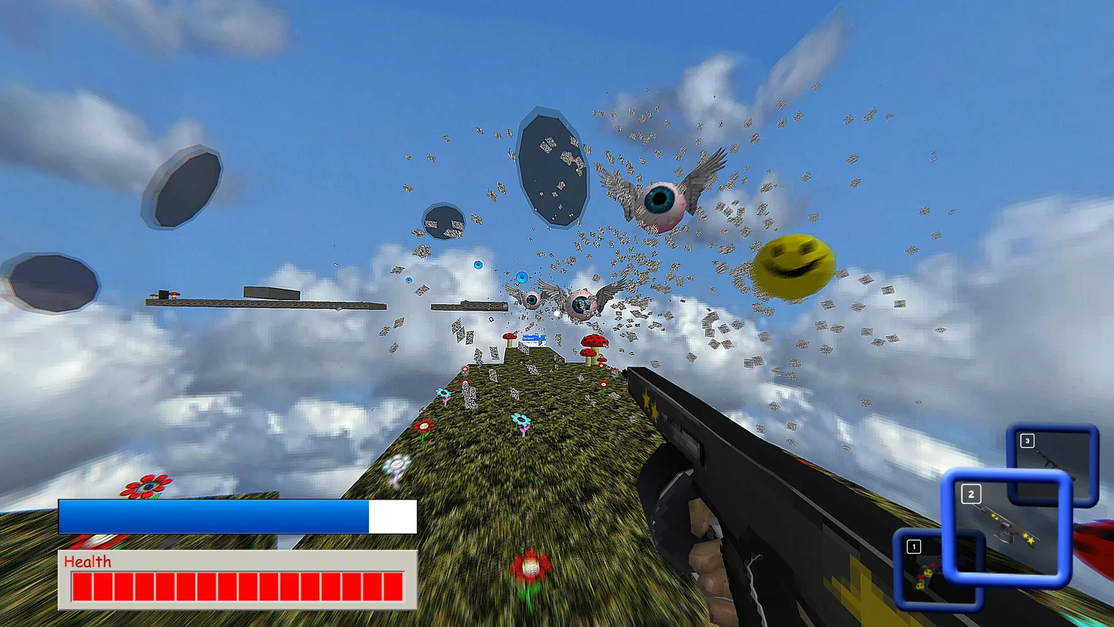 First-person gameplay of You're Here Again: a weapon fires into a sky full of winged eyeballs and grinning smileys above a mushroom-dotted field